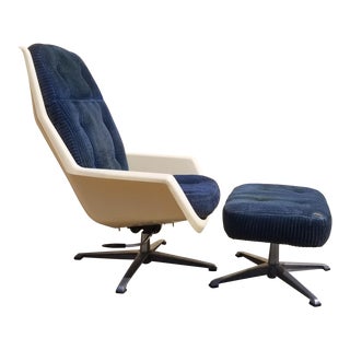 Vintage 1970s Space Age Scandinavian Club Lounger Recliner Ottoman Set For Sale
