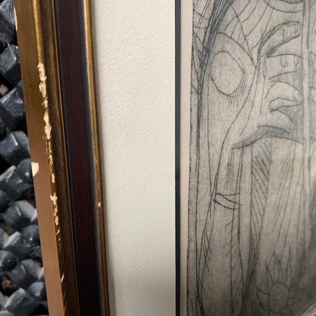 Mid 20th Century "Girl with Flute" Abstract Figurative Woodcut Print by Irving Amen, Framed For Sale - Image 12 of 13