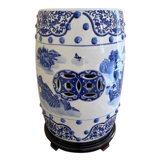 Late 20th Century Chinoiserie Blue and White Porcelain Garden Stool or Side Table on Wooden Stand For Sale