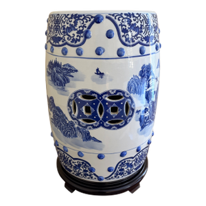 Late 20th Century Chinoiserie Blue and White Porcelain Garden Stool or Side Table on Wooden Stand