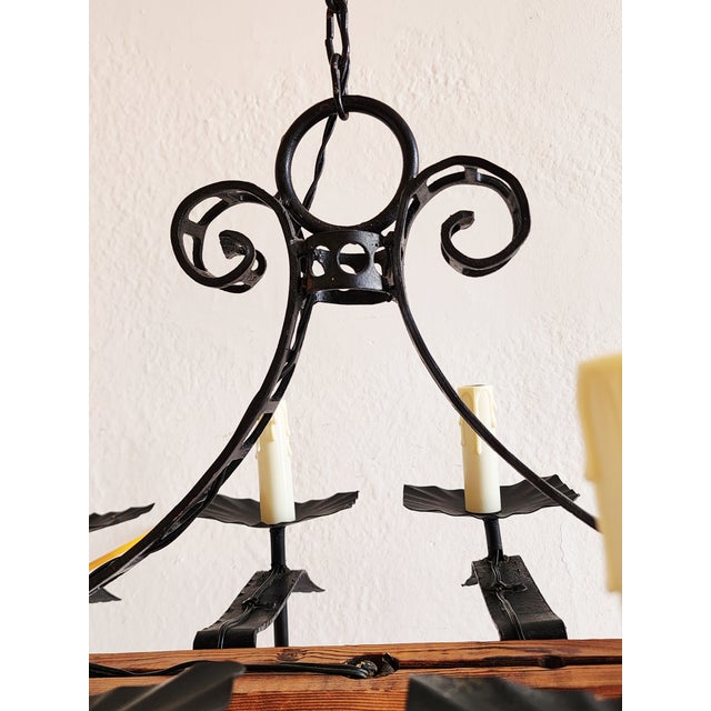 Wood Vintage Spanish Revival Wrought Iron Chandelier For Sale - Image 7 of 12