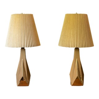 Pair of Vintage Geometric Sculptural Ceramic Accent Table Lamps With Shades For Sale