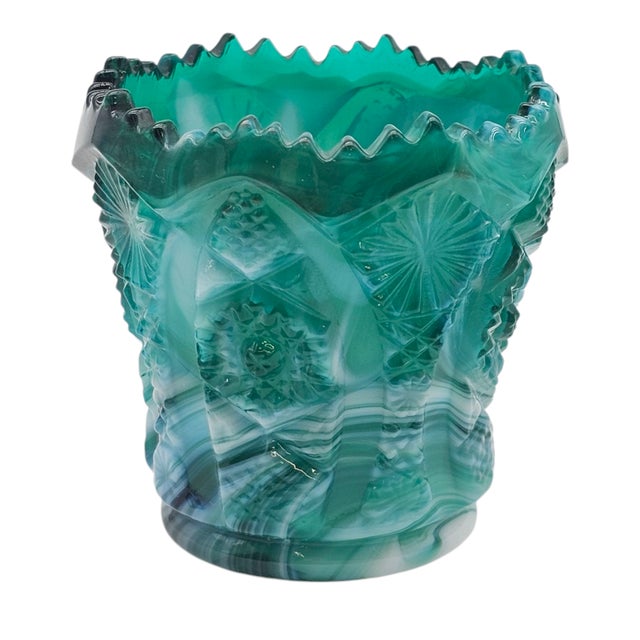 Traditional Mid-Century Imperial Jade Slag Glass Toothpick Holder With Daisy and Button Pattern For Sale - Image 3 of 7