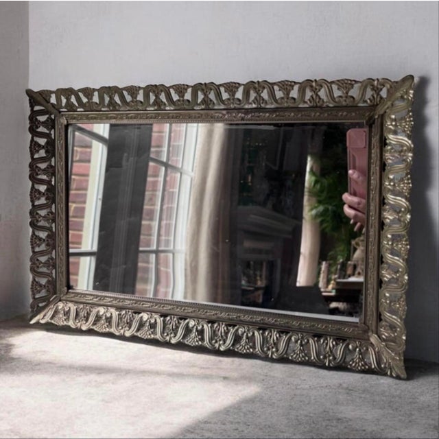 vintage Gold Tone Dresser Vanity Mirror Tray Filigree Frame ,Velvet Base. Filigree frame tray with feet. 10”x15”.....