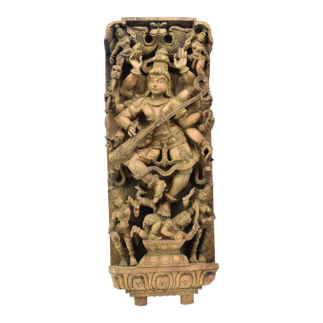 Early 20th Century Large Indian Carved Wood Saraswati Temple Panel With Veena For Sale