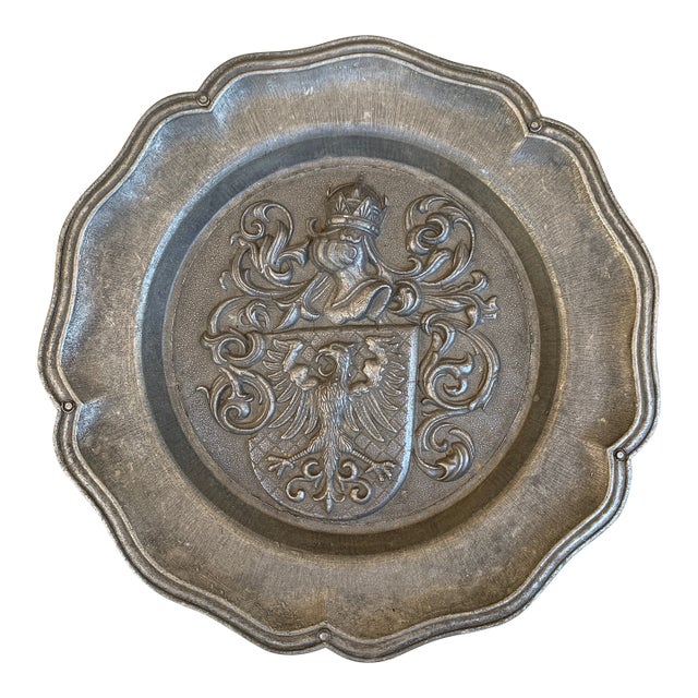Mid-Century German Pewter Heraldic Coat of Arms Wall Plate For Sale