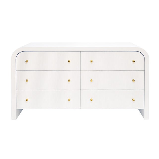 Wood Matthew Izzo Home Valentina Glossy White Lacquer Waterfall Edge Six Drawer Chest With Fluted Details For Sale - Image 7 of 7