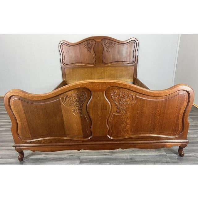 Vintage French Louis XVI Style Oak Double Bed Frame with Carved Headboard For Sale - Image 3 of 12