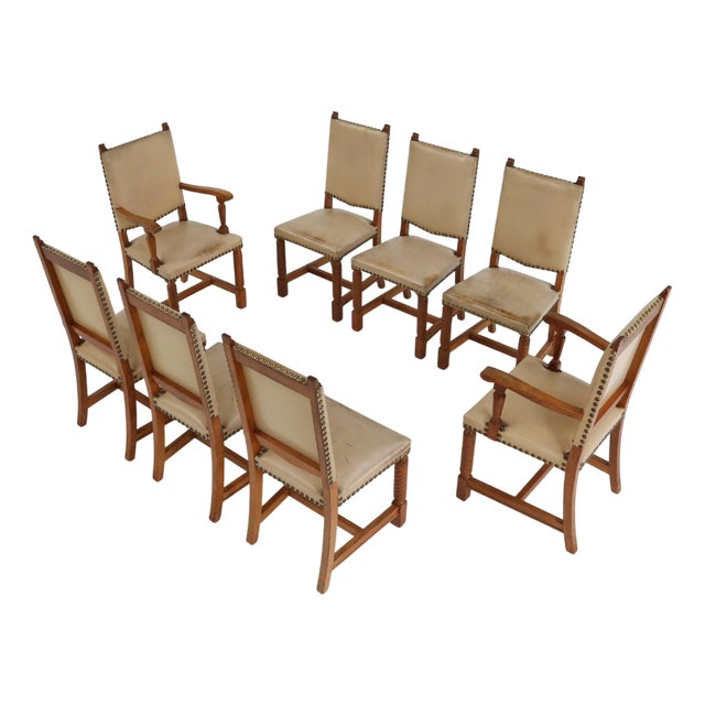 Art Deco Dining Room Charis in Oak and Leather, 1940s, Set of 8 For Sale