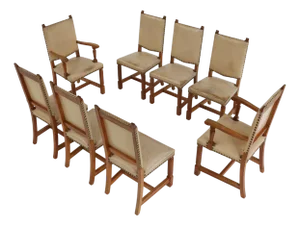 Art Deco Dining Room Charis in Oak and Leather, 1940s, Set of 8