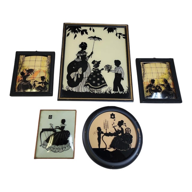 1930s Quintet of Reverse Painted Glass Silhouettes For Sale