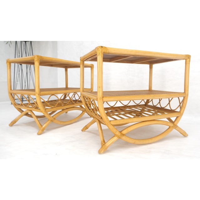 Pair Rattan Bamboo Grass Cloth Top Two Tier End Side Tables Stands Magazine Rack For Sale - Image 13 of 14