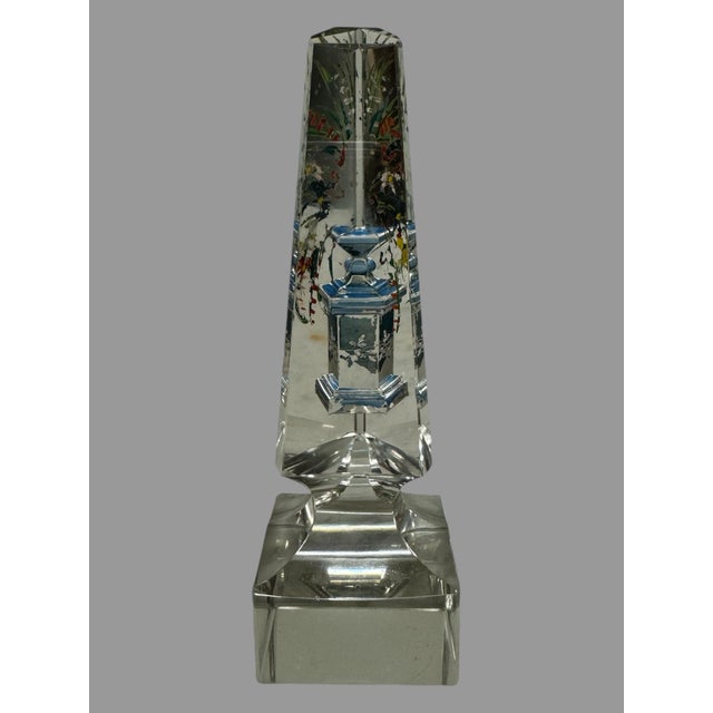 Glass Antique Cut Glass Obelisk Paperweight With Hand Painted Floral & Urn Decor For Sale - Image 7 of 11