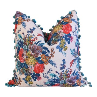 French Floral Pillow Feather/Down W/ Pom Pom Trim 23" Square For Sale