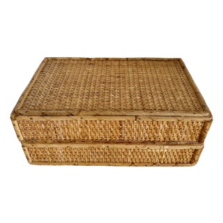 Vintage Woven Rattan Lidded Box For Sale