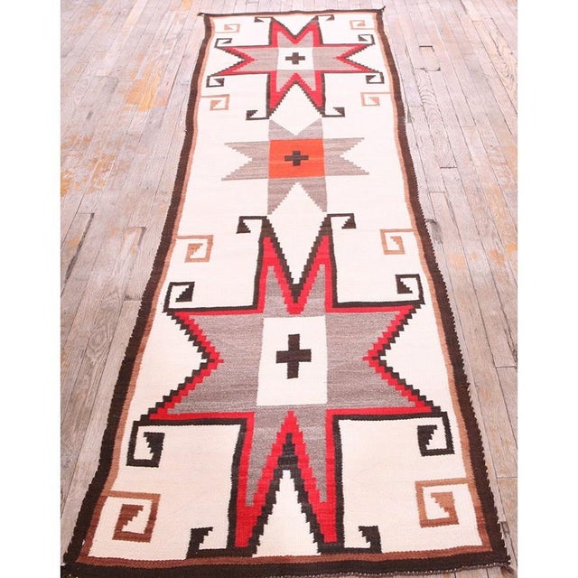Antique Geometric Medallion Wool Flat Weave Ivory Beige Cream White 1930s Runner Rug, Circa Date: 1930s. This striking...