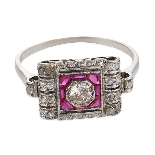 Contemporary Art Deco Style Diamond Ruby Platinum Ring, Size 7.5 For Sale - Image 3 of 6