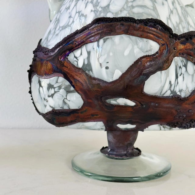 Antique Bohemian Mouth-Blown Handled Vases in Blue and White Confetti Lava Glass With Bronze Casing, a Pair For Sale - Image 9 of 11