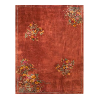 1920s Orange Persimmon Flower Modern Antique Chinese Art Deco Rug 9'x11' 8" Handknotted Wool Carpet For Sale