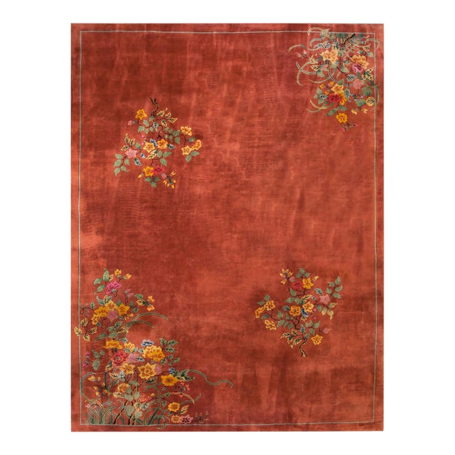 1920s Orange Persimmon Flower Modern Antique Chinese Art Deco Rug 9'x11' 8" Handknotted Wool Carpet For Sale