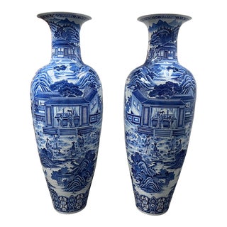 Late 20th Century Monumental Chinese Blue + White Qing Dynasty Vases, Pair For Sale