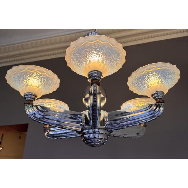 Metal Art Deco Opalescent Glass and Nickel-Plated Bronze Chandelier by Jean Gauthier for Petitot & Ezan, France, 1935 For Sale - Image 7 of 18