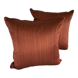 Designer Custom Luxe Paprika Silk Strie 20" Pillows With Welting and Down Inserts - a Pair For Sale