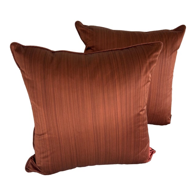 Designer Custom Luxe Paprika Silk Strie 20" Pillows With Welting and Down Inserts - a Pair For Sale