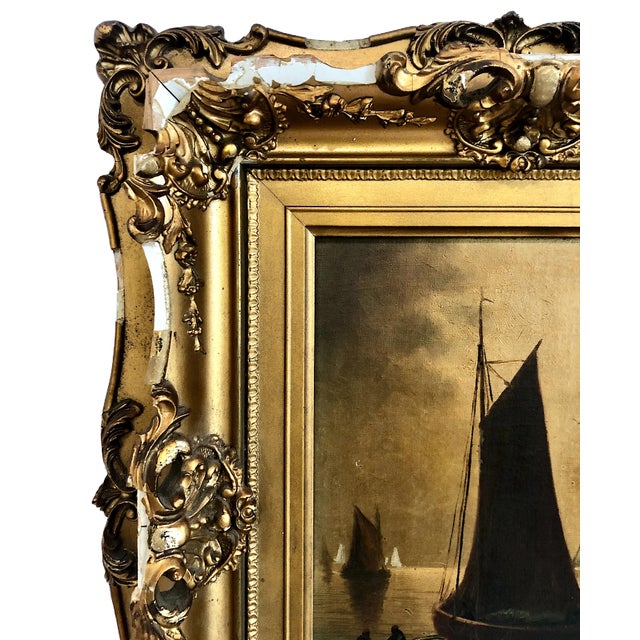 Mid 19th Century Antique Tonalist “English Fishing Boats” Marine Painting, by G. Martin For Sale - Image 5 of 11