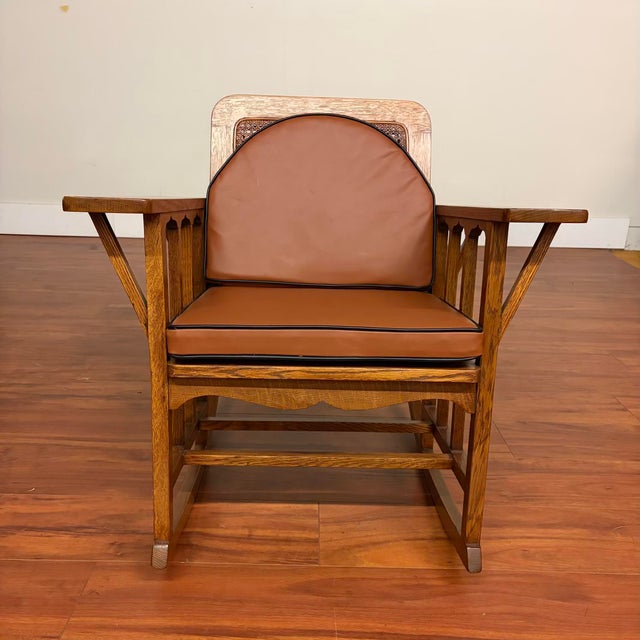 Vintage Oak & Cane Mission Style Rocking Chair With New Leather Cushions For Sale - Image 17 of 18