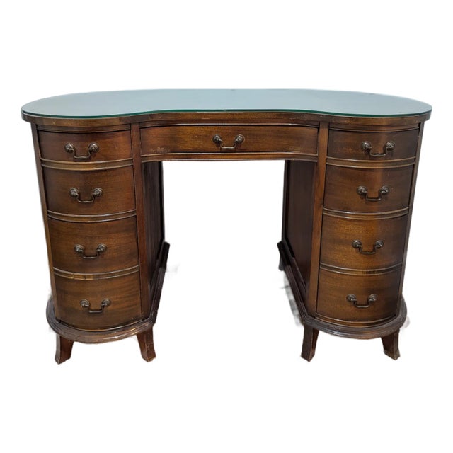 Vintage Kidney Shaped Double Pedestal Mahogany Desk For Sale