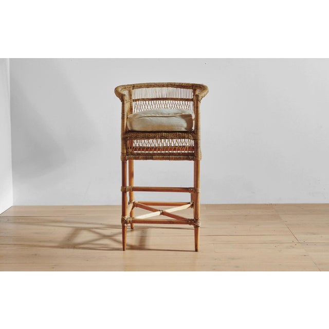 Wood Handwoven Malawi Cane Bar Stool in Traditional Weave With White Linen Cushion For Sale - Image 7 of 7