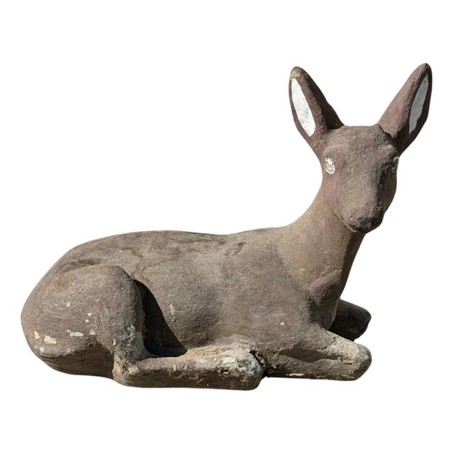 Vintage Reclining Fawn Seated Deer Small 16" Cement Concrete Stone Garden Statue For Sale