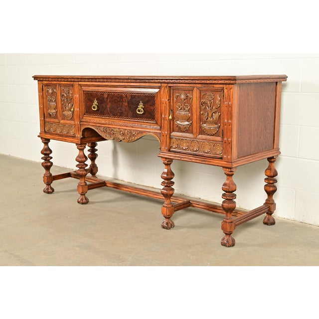 English Early Romweber Antique English Jacobean Carved Oak and Burl Wood Sideboard, Circa 1900 For Sale - Image 3 of 18