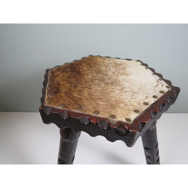 Brutalist Spanish Vernacular Stool in Carved Wood with Leather Seat, 1960s For Sale - Image 3 of 10