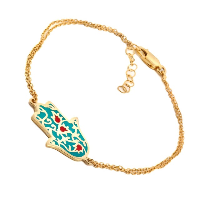 Contemporary Turquoise Enamel Floral Hamsa Hand Gold Vermeil Chain Bracelet For Sale - Image 3 of 8