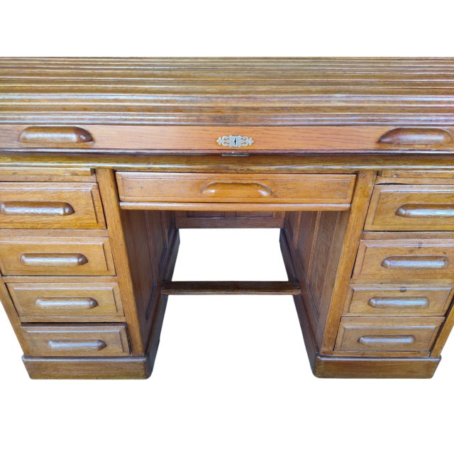 1890's Edwardian Oak Roll Top Desk For Sale - Image 18 of 18