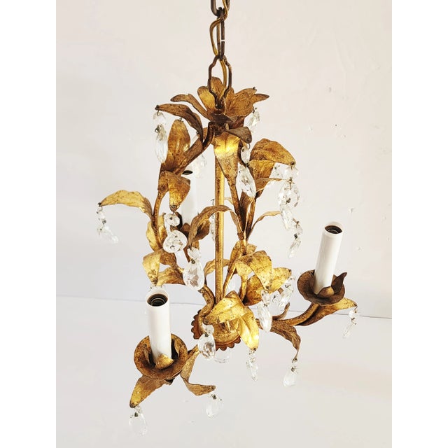 1950s Vintage Italian Gilt Tole Chandelier With Crystal Prisms. For Sale - Image 5 of 11