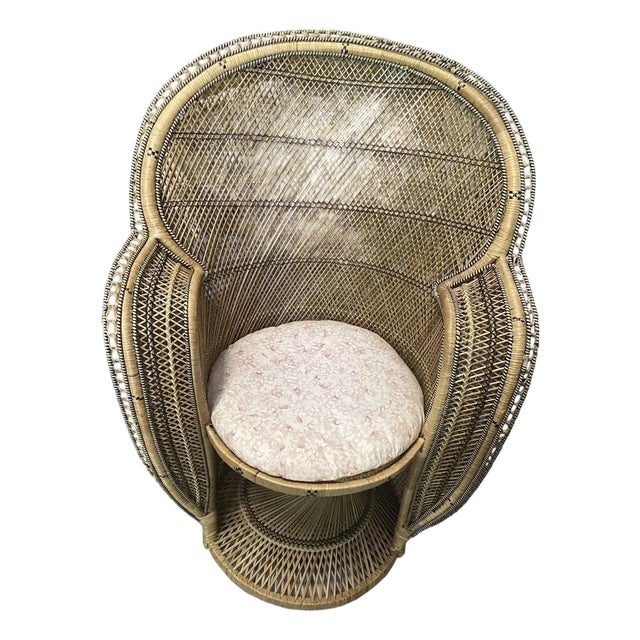 Petite Vintage Wicker Peacock Chair and Cushion For Sale