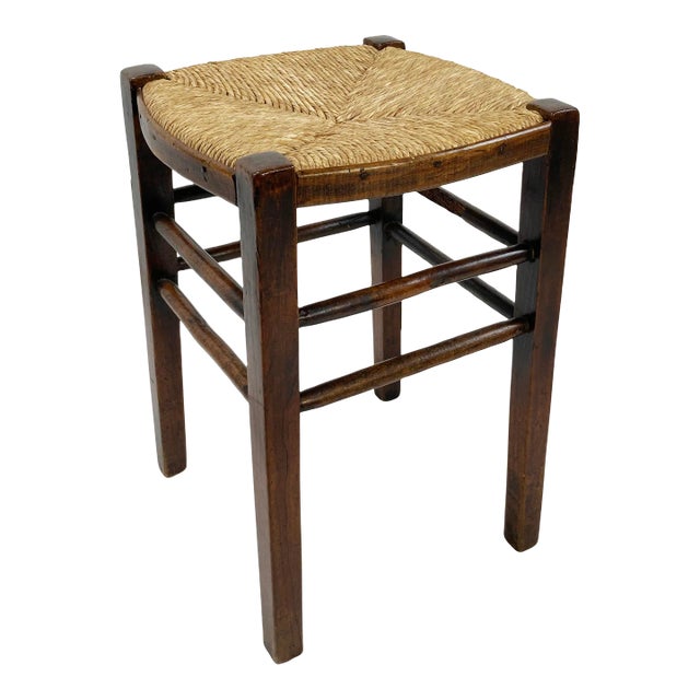 Antique English Wood Woven Rush Seat Stool For Sale