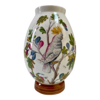 Vintage Porcelain Hand-Painted Floral & Exotic Parrot Vase For Sale