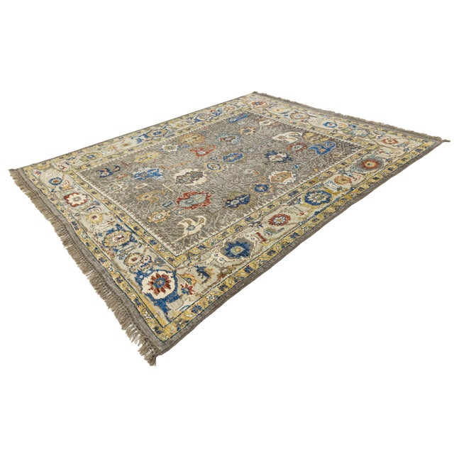 Modern Oushak Style Hand-Knotted Wool Area Rug in Taupe Grey With Vibrant Floral For Sale - Image 12 of 12