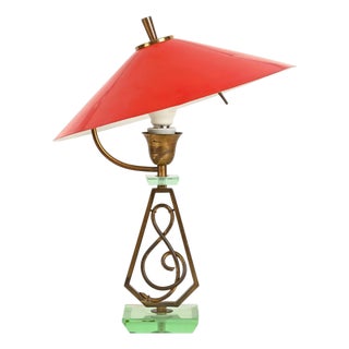 Adjustable Table Lamp in Red Metal, Brass and Green Glass from Stilnovo, Italy, 1950s For Sale