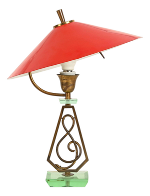 Adjustable Table Lamp in Red Metal, Brass and Green Glass from Stilnovo, Italy, 1950s