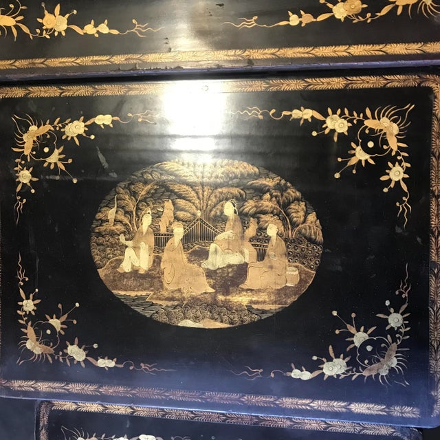 Vintage Japanned French Chinoiserie Hand Painted Nesting Tables- Set of 4 For Sale - Image 9 of 13