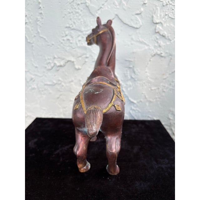 Metal Vintage Pair of Patinated Bronze Horse Sculptures With Gilt Accents For Sale - Image 7 of 12