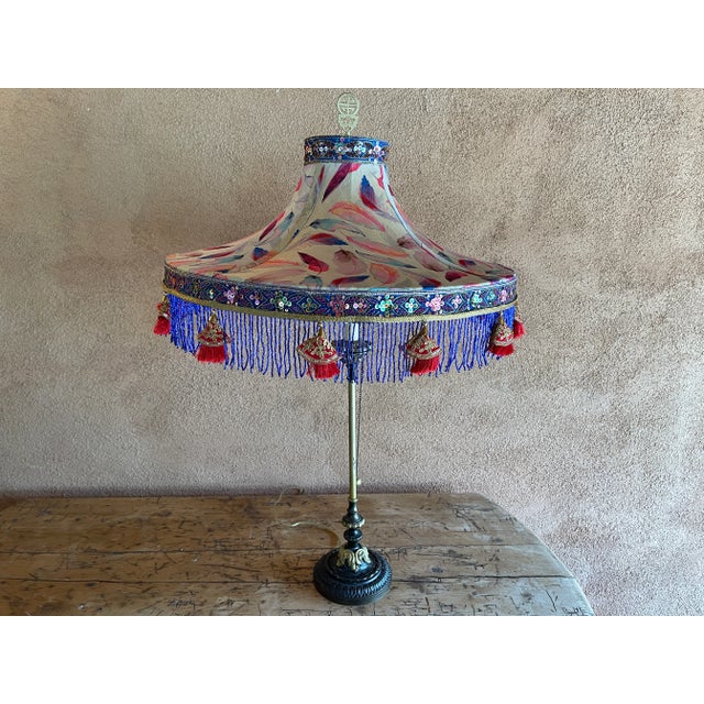 Single Large Penny Long Couture 'Bella' Round Lamp Shade. Covered in silk feather print fabric trimmed with really pretty...