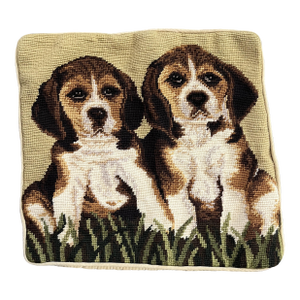 Handmade Needlepoint Pillow Cover Featuring Two Beagle Puppies
