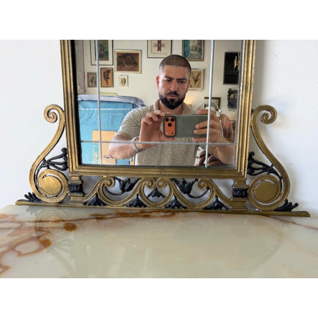 1920s Oscar Bach-Style Brass & Onyx Console With Mirror For Sale - Image 12 of 12