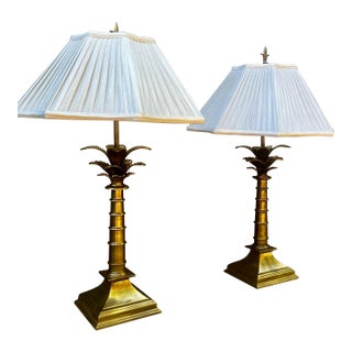 Late 20th Century Pair Vintage Hollywood Regency Solid Brass Faux Bamboo Palm Lamp With Shade Attributed to Chapman For Sale